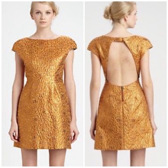 ALICE + OLIVIA Beth Metallic Gold Open Back A-Line Cocktail Mobwife Dres… - Picture 3 of 11